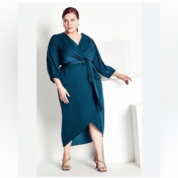 CITY CHIC Opulent Long SLV Teal Blue Wrap Career/Party Midi Dress SZ XL/22 - Picture 1 of 16